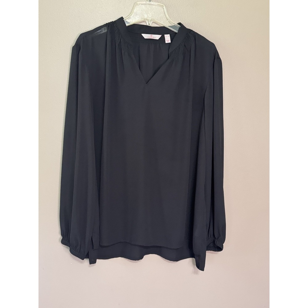 Laurie Felt Black Long Sleeve V-Neck Blouse Relaxed Fit Smocked Top XL A394839